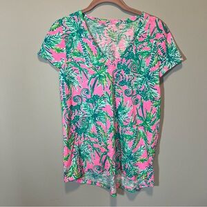 Lilly Pulitzer Etta V-Neck Cotton Top Pink Green Palm Tree Monkey XS